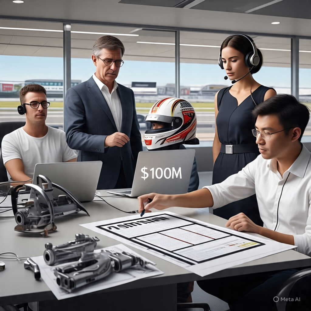 Designing the Perfect F1 Team with a $100M Budget: A Fantasy 2 Lando Norris in a racing suit, standing beside a sleek 2026 F1 car with active aerodynamics, parked on a pit lane with a Madrid Grand Prix banner in the background.